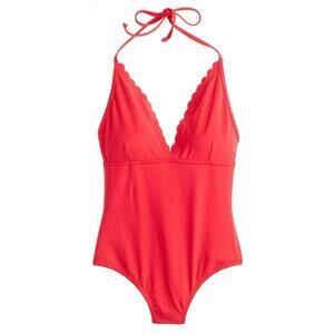 J.Crew Coral Scalloped V Neck One Piece Swimsuit Sz.8